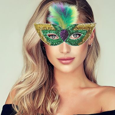 Feather Sequins Half Face Party Mask for Mardi Gras Costume Events 1 Pc