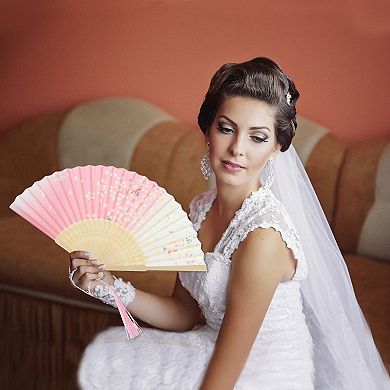 Ancient Style Folding Fan for Weddings and Parties 1Pc Pink White