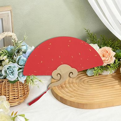 Portable Double-Sided Short Handle Round-Shaped Folding Fan Red 1 Pc