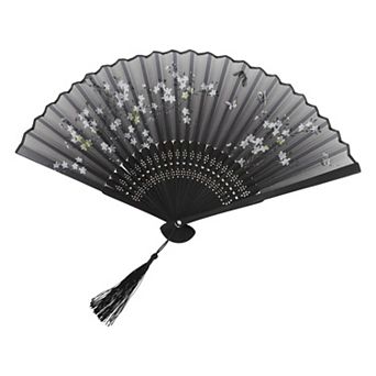 Ancient Style Folding Fan for Weddings and Parties 1 pc Flowers Gray