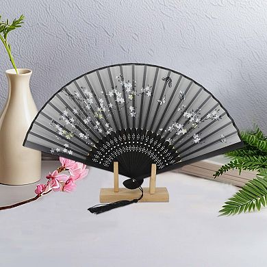Ancient Style Folding Fan for Weddings and Parties 1Pc Flowers Gray