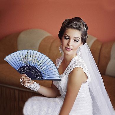 Ancient Style Folding Fan for Weddings and Parties 1Pc Blue White