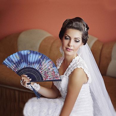 Ancient Style Folding Fan for Weddings and Parties 1Pc Blue