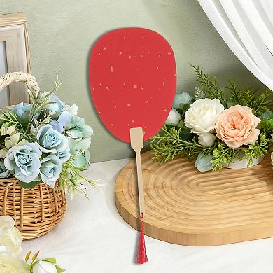 Portable Double-Sided Long Handle Round Beauty Folding Fan Red 1 Pc