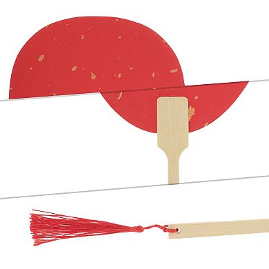 Portable Double-Sided Long Handle Round Beauty Folding Fan Red 1 Pc