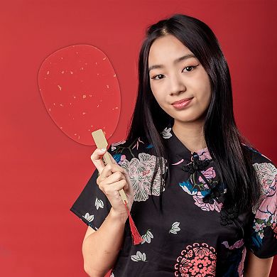 Portable Double-Sided Long Handle Round Beauty Folding Fan Red 1 Pc