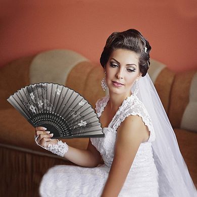 Ancient Style Folding Fan for Weddings and Parties 1Pc Gray Black