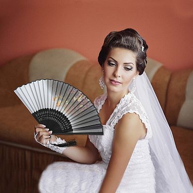 Ancient Style Folding Fan for Weddings and Parties 1Pc White Gray