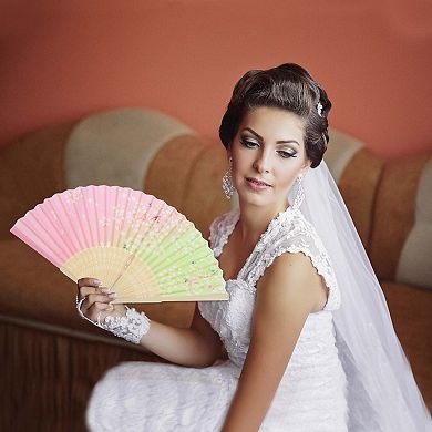 Ancient Style Folding Fan for Weddings and Parties 1Pc Pink Green