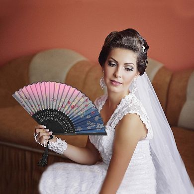 Ancient Style Folding Fan for Weddings and Parties 1Pc Blue Pink