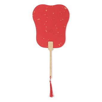 Portable Double-Sided Long Handle Round Palm-Leaf Folding Fan Red 1 pc