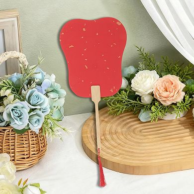 Portable Double-Sided Long Handle Round Palm-Leaf Folding Fan Red 1 Pc
