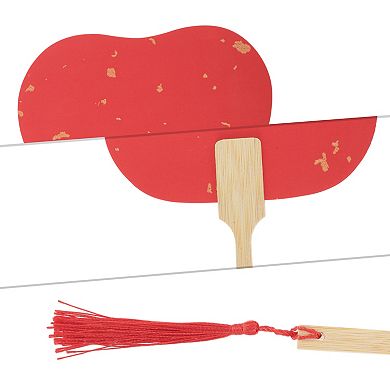 Portable Double-Sided Long Handle Round Palm-Leaf Folding Fan Red 1 Pc