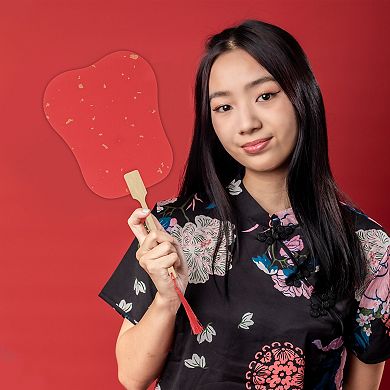 Portable Double-Sided Long Handle Round Palm-Leaf Folding Fan Red 1 Pc