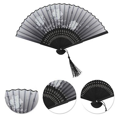 Ancient Style Folding Fan for Weddings and Parties 1Pc Peonies Gray