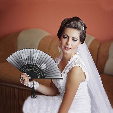 Ancient Style Folding Fan for Weddings and Parties 1Pc Peonies Gray