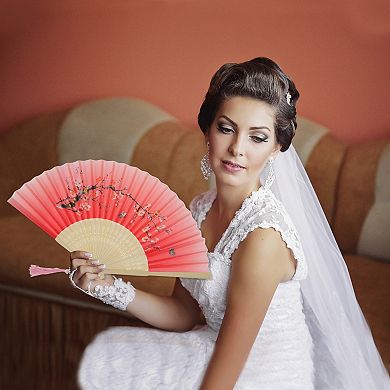Ancient Style Folding Fan for Weddings and Parties 1Pc Light Red