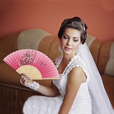 Ancient Style Folding Fan for Weddings and Parties 1Pc Pink