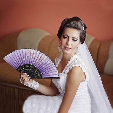 Ancient Style Folding Fan for Weddings and Parties 1Pc Flowers Purple