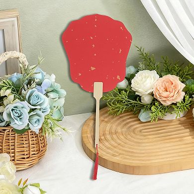 Portable Double-Sided Long Handle Round Lily Folding Fan Red 1 Pc