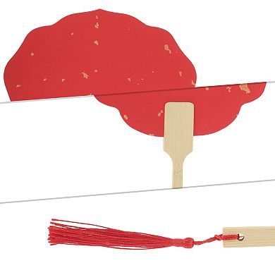 Portable Double-Sided Long Handle Round Lily Folding Fan Red 1 Pc