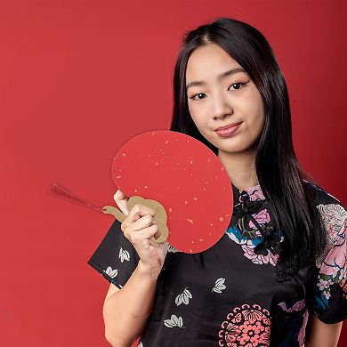 Portable Double-Sided Short Handle Round Ruyi Folding Fan Red 1 Pc