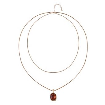 Emberly Gold Tone Two Row Chain Pendant Necklace with Resin Oval Pendant