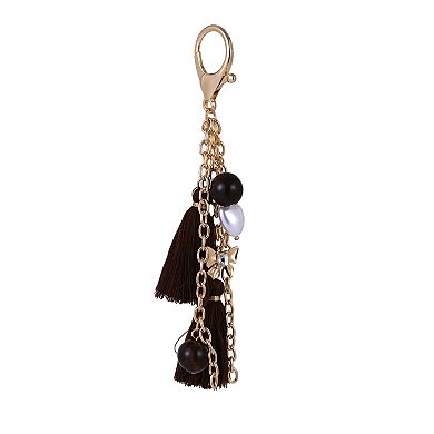 Emberly Gold Tone Brown Tassel Bag Charm with Beads