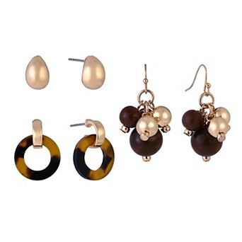 Emberly Gold Tone 3-Pair Stud, Ring & Bead Cluster Earring Set
