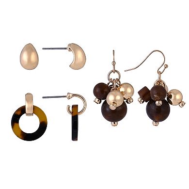 Emberly Gold Tone 3-Pair Stud, Ring & Bead Cluster Earring Set