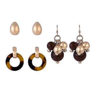 Emberly Gold Tone 3-Pair Stud, Ring & Bead Cluster Earring Set