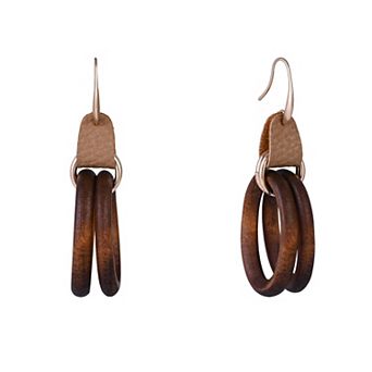 Emberly Gold Tone Oval Wood Link Earrings & Faux Leather Accent