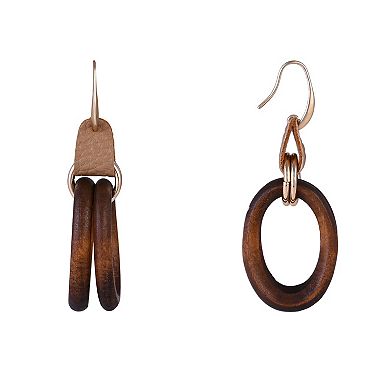 Emberly Gold Tone Oval Wood Link Earrings & Faux Leather Accent