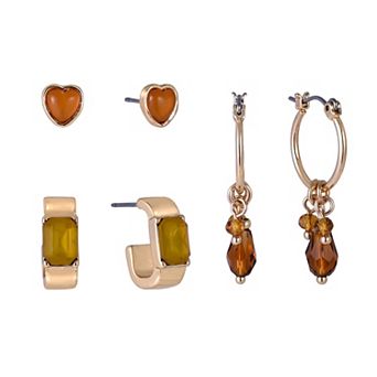 Emberly Gold Tone 3-Pair Heart Stud & Hoop Earring Set