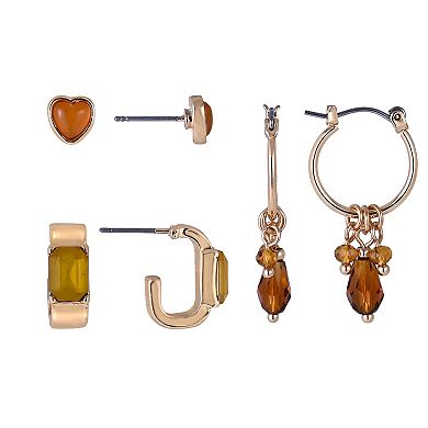 Emberly Gold Tone 3-Pair Heart Stud & Hoop Earring Set
