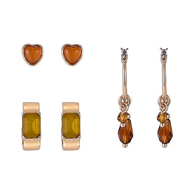 Emberly Gold Tone 3-Pair Heart Stud & Hoop Earring Set