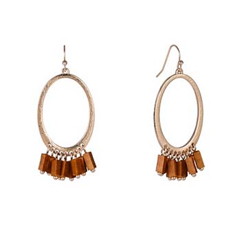 Emberly Gold Tone Oval Ring Drop Earrings with Wood Beads