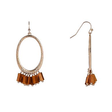 Emberly Gold Tone Oval Ring Drop Earrings with Wood Beads