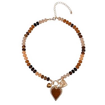 Emberly Gold Tone Bead & Heart Pendant Necklace