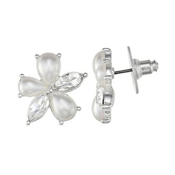 You're Invited Silver-Tone Simulated Pearl Floral Stud Earrings