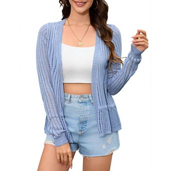 Women's Cropped Crochet Knit Sweater Cardigan Ruffle Sleeve Button Up Casual Lightweight Shrug