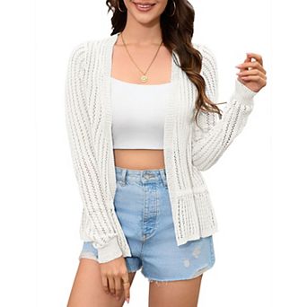 Women's Cropped Crochet Knit Sweater Cardigan Ruffle Sleeve Button Up Casual Lightweight Shrug