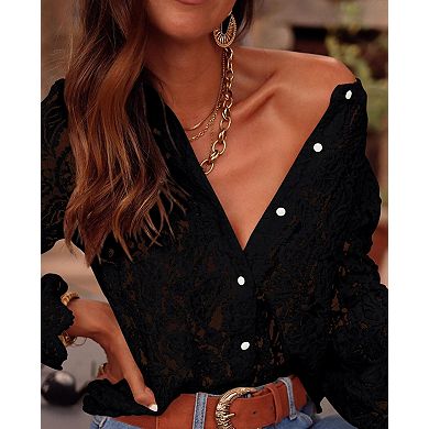 Floral Lace Blouses for Women Long Sleeve Button Down Shirts V Neck Ruffle Cuff Tops