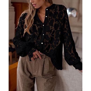 Floral Lace Blouses for Women Long Sleeve Button Down Shirts V Neck Ruffle Cuff Tops
