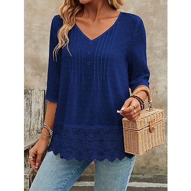 Women's Short Sleeve V-Neck Blouse with Delicate Lace Embroidery
