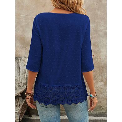 Women's Short Sleeve V-Neck Blouse with Delicate Lace Embroidery