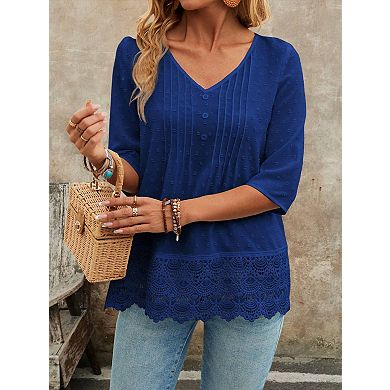 Women's Short Sleeve V-Neck Blouse with Delicate Lace Embroidery