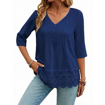 Women's Short Sleeve V-Neck Blouse with Delicate Lace Embroidery