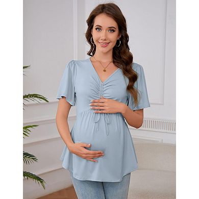 Women’s Maternity Short Sleeve Top V-Neck Blouses with Drawstring Waist