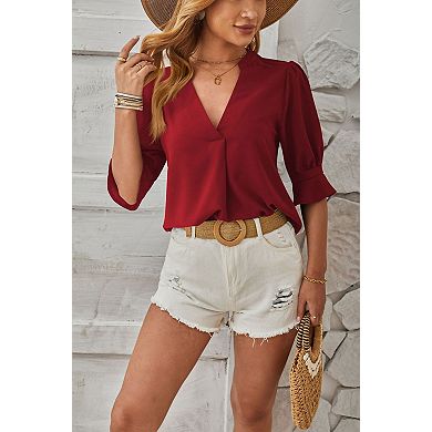 Women's Short Sleeve V-Neck Blouse Soft Casual Top